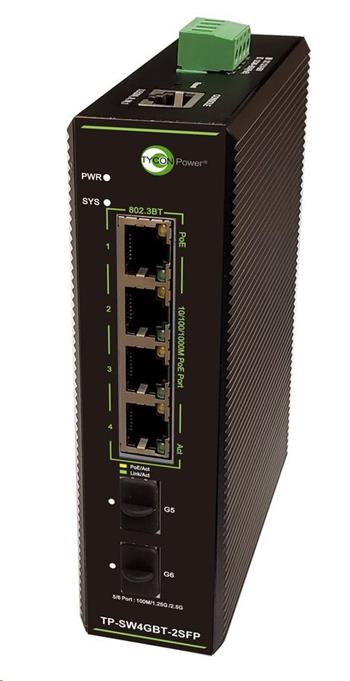 Tycon System TP-SW4GBT-2SFP, průmyslový PoE++ switch, 4x 1G Ethernet, 2x 2,5G SFP, 90 W