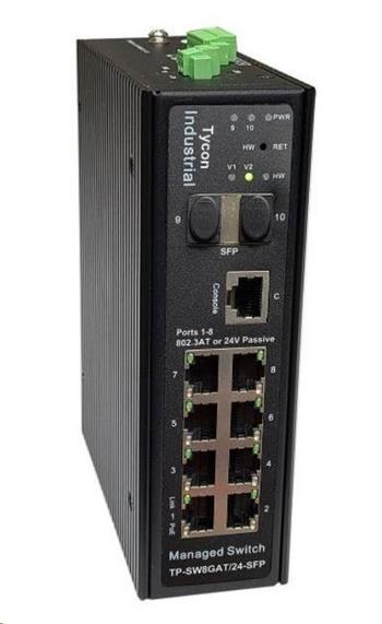 Tycon System TP-SW8GAT/24-SFP, průmyslový PoE+ switch, 8x 1G Ethernet, 2x SFP