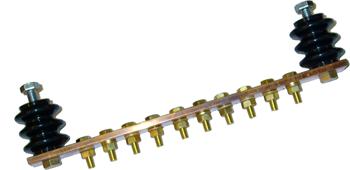 Zemnící lišta 250 mm, Cu, 10xM6, 2 izolátory